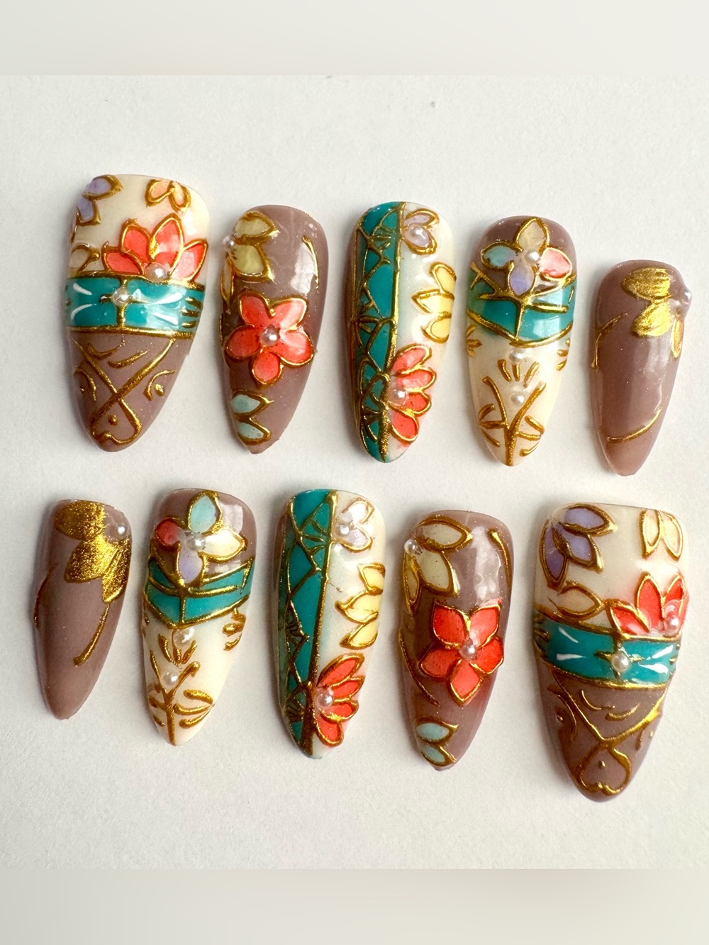 Hand Painted Floral Gold-Trim Press-On Nails